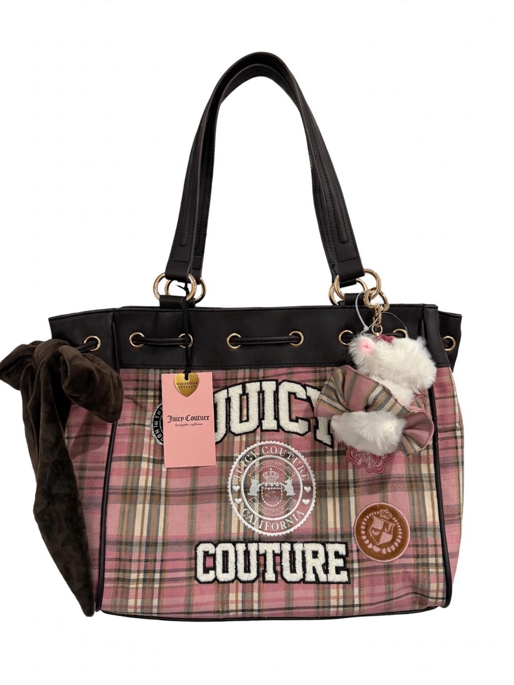 Juicy Couture Light Pink Plaid Daydreamer Tote and Charm